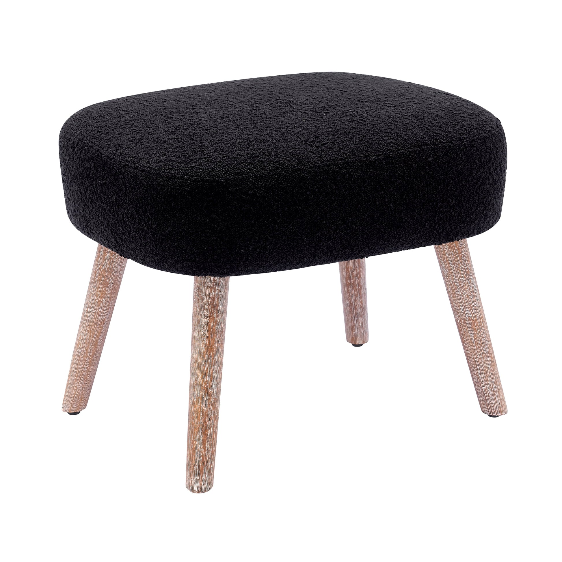 Mid-Century Modern 16.5" Tall Water and Stain Resistant Boucle Fabric Upholstered Ottoman with Wooden Legs, Black