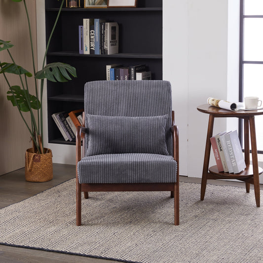 Mid-Century Modern Accent Chair,Arm Chair with Solid Wood Frame,Reading Chair with Pillow Upholstered,for Living Room Bedroom Sunroom(Dark Grey+Brown)