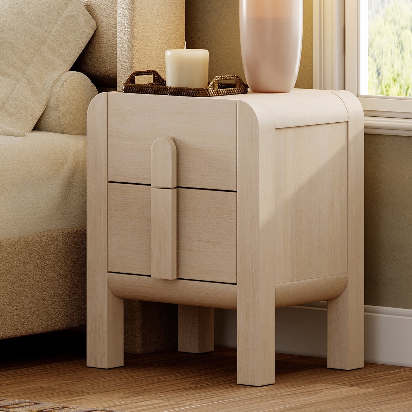 Mid-Century Modern Wood Nightstand with 2 Drawers ,Curved End Table with Built-In Charging Station for Bedroom, Living Room,Entryway