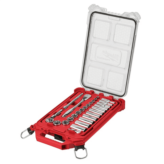 Milwaukee Tool 3/8&rdquo; Drive 28pc Ratchet & Socket Set with PACKOUT Low-Profile Compact Organizer - SAE