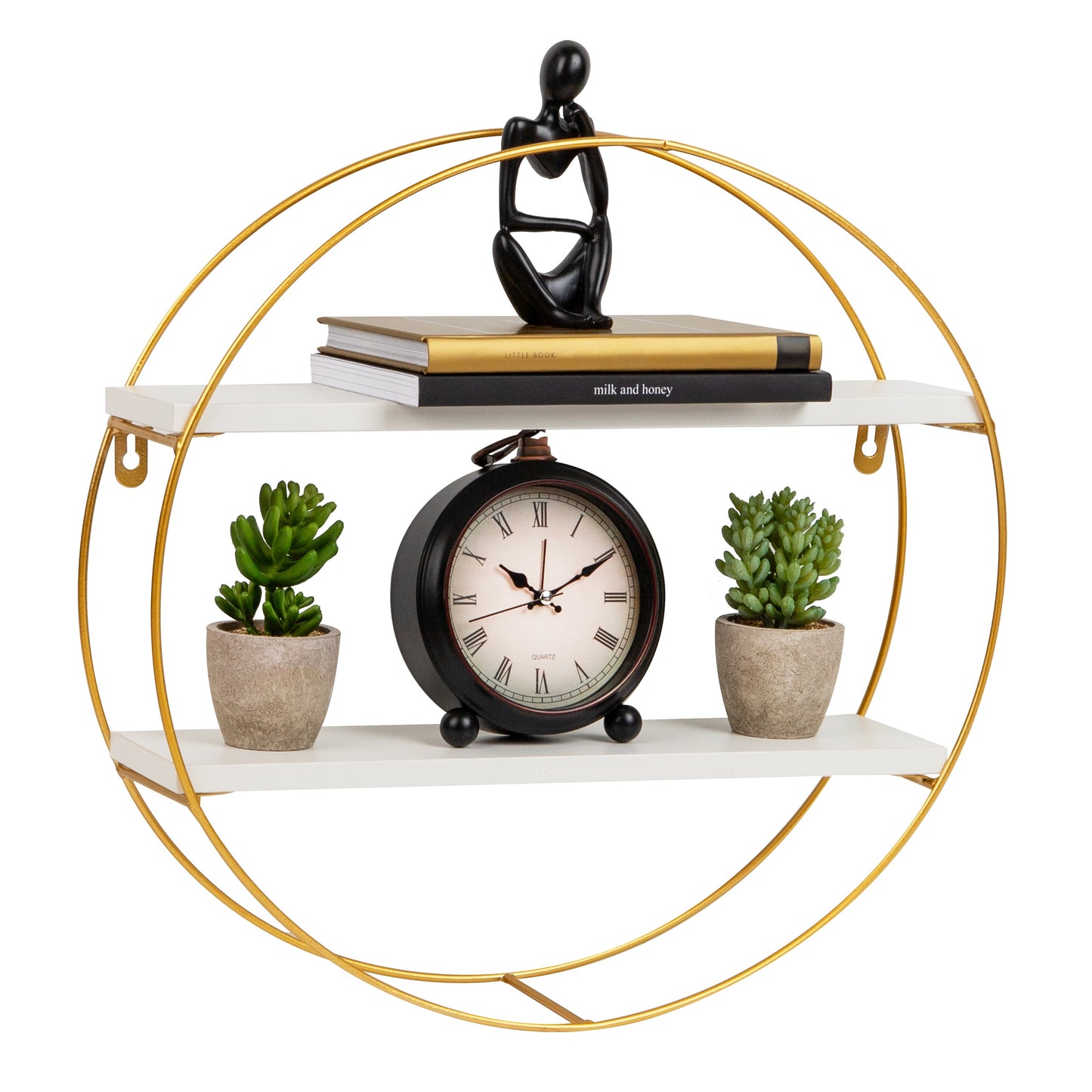 Mind Reader Floating Round Wall Shelves, Gold Metal Frame with Dual White Display Shelves, Decorative Wall-Mounted Organizer, Metal, MDF, White