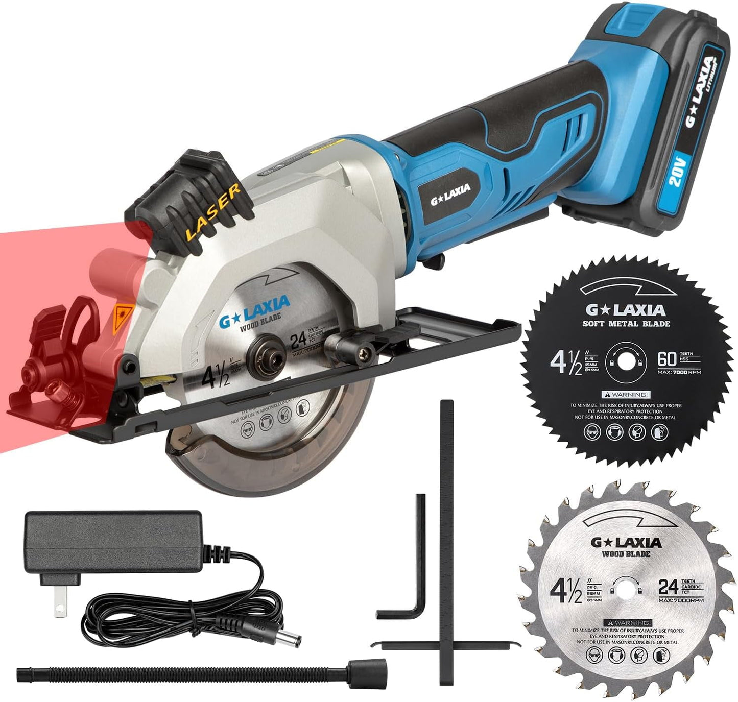 Mini Circular Saw, 4-1/2"" 3400RPM Cordless Circular Saw with Laser Guide, Rip Guide, Compact Hand Saw with 2Pcs blades（24T+60T), Max Cutting Depth 1-11/16""(90°), 1-1/8""(45°), Blue