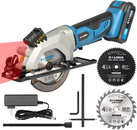 Mini Circular Saw, 4-1/2"" 3400RPM Cordless Circular Saw with Laser Guide, Rip Guide, Compact Hand Saw with 2Pcs blades（24T+60T), Max Cutting Depth 1-11/16""(90°), 1-1/8""(45°), Blue
