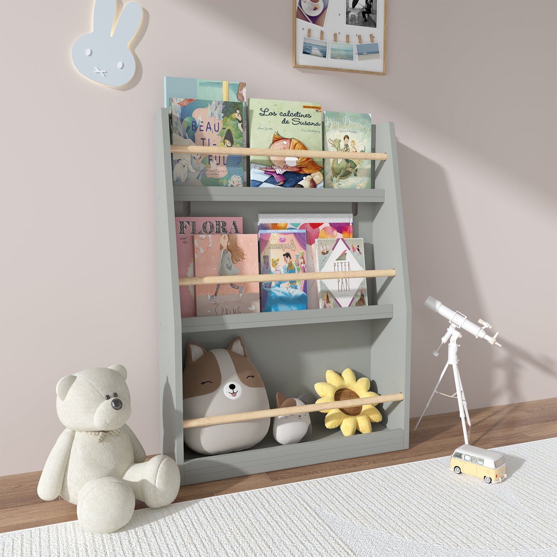 Miniyam 3-Tier Wooden Bookshelf with Toy Storage for Kid, Gray
