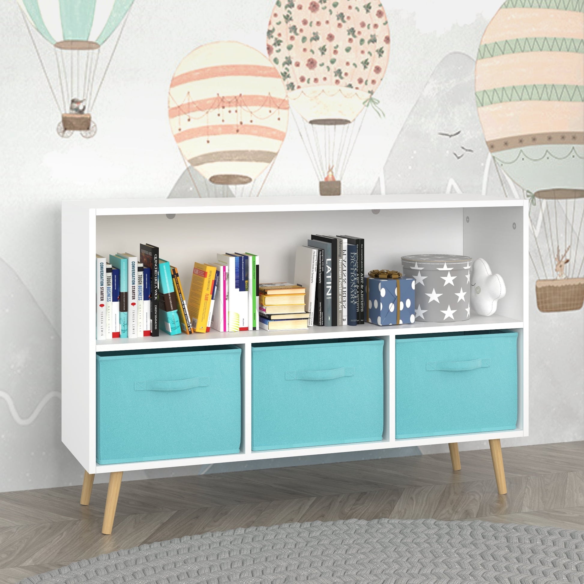 Miniyam Kids Bookcase with Storage Bins, 3 Fabric Drawers, Wooden Toy Organizer for Kids Room, Blue