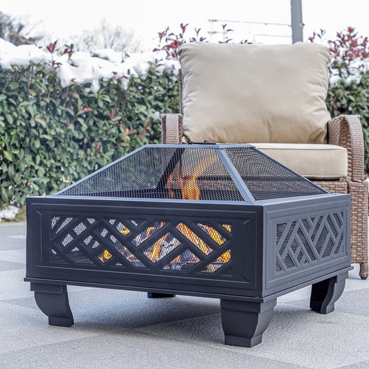 MistMo 26" Fire Pit with Grill for Outside, Square Outdoor Wood Burning Metal Firepit with Poker Black