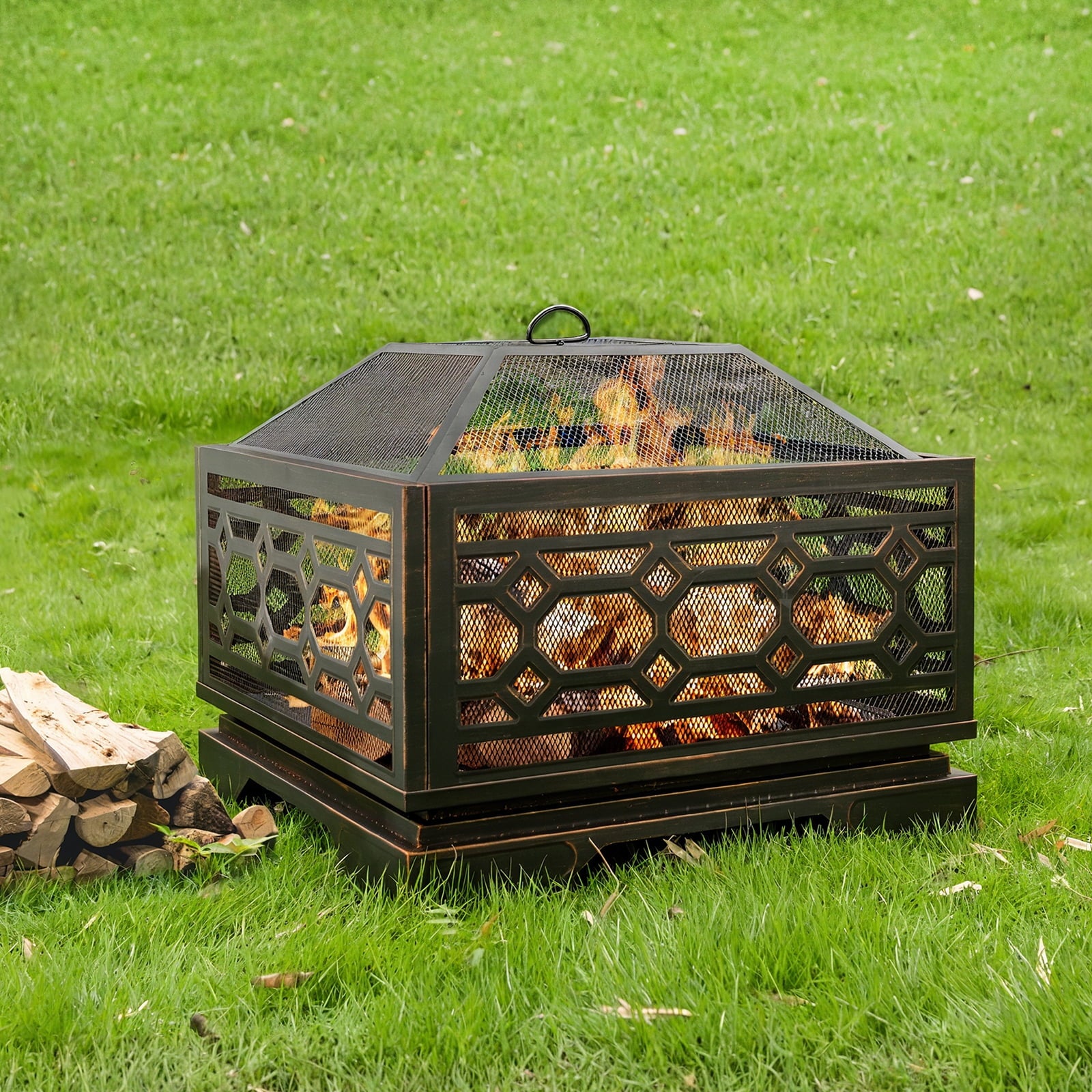 MistMo 26“ Square Wood Burning Fire Pit for Outdoor Patio Garden
