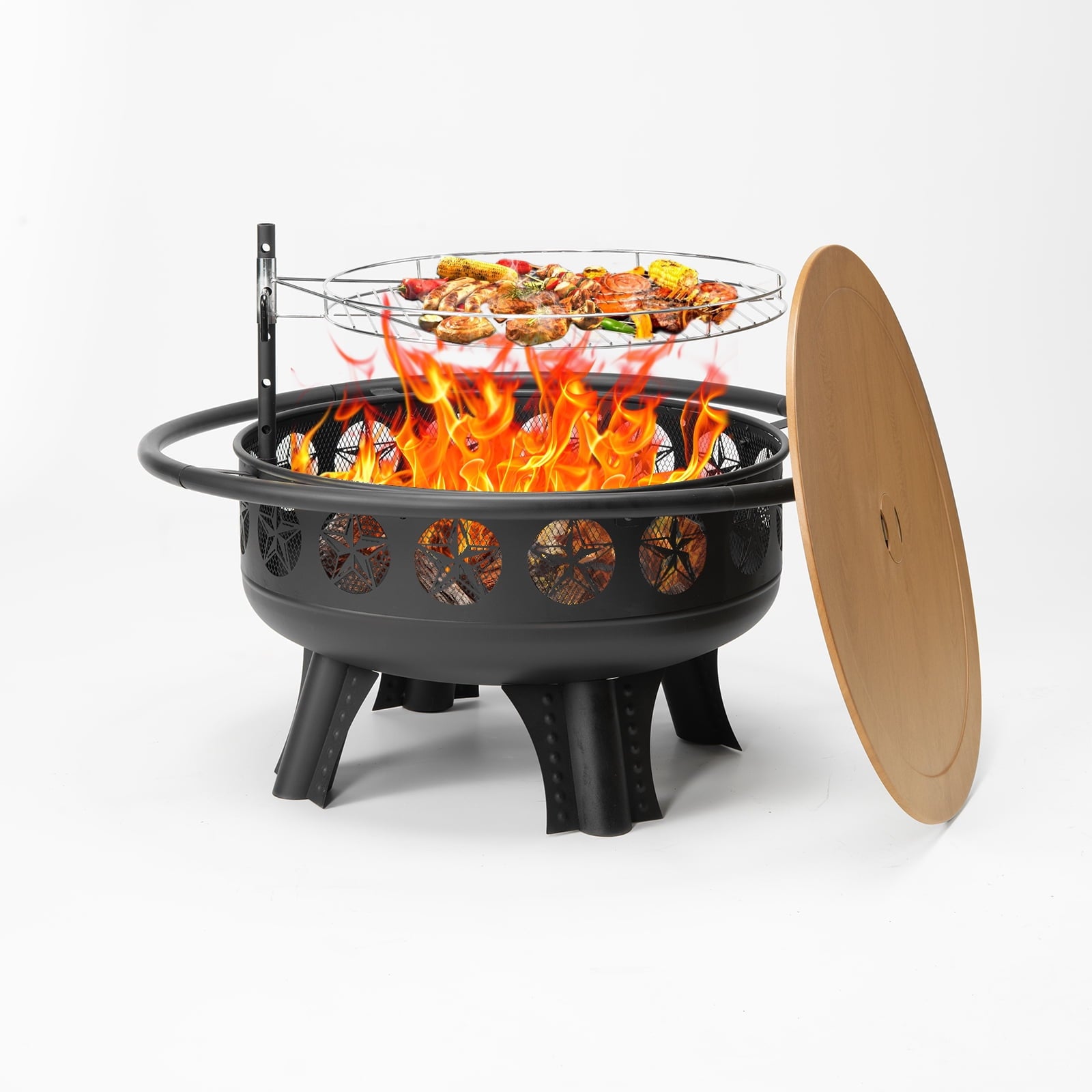 MistMo 32-Inch Wood Burning Fire Pit with Grill & Lid