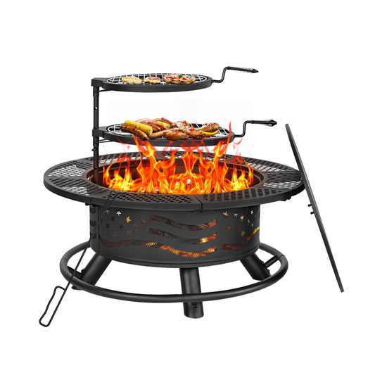 MistMo 36 Inch Wood Burning Fire Pit Table with Grill for Outside Patio and Party