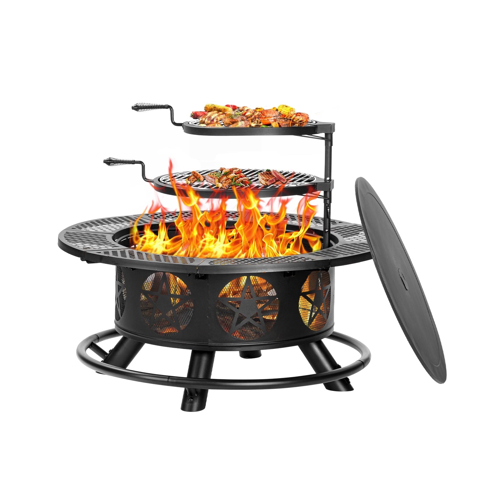 MistMo 36 inch Round Fire Pit with Grills, Wood Burning Fire Pits with Metal Lid for Outside Bonfire Outdoor Patio and Party