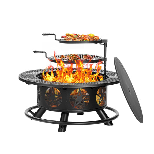 MistMo 36 inch Round Fire Pit with Grills, Wood Burning Fire Pits with Metal Lid for Outside Bonfire Outdoor Patio and Party
