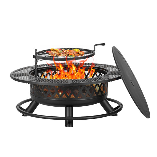 MistMo 42-Inch Wood Burning Fire Pit Table with Grill & Lid