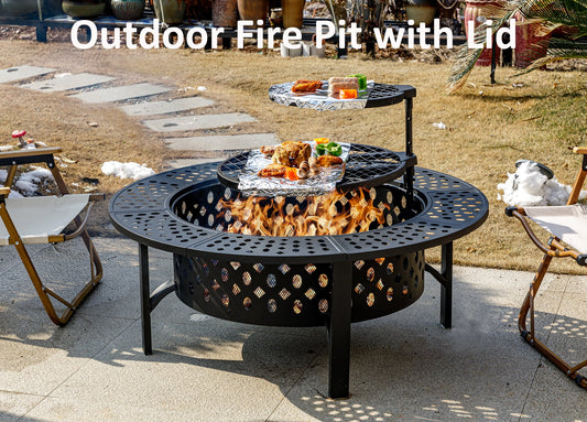 MistMo 42 inch Round Fire Pit for Outdoor Bonfire Multipurpose Wood Burning Metal Table for Patio