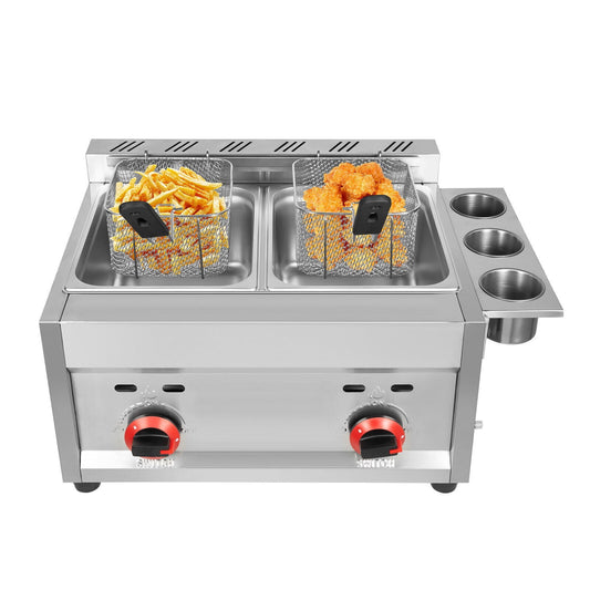 Miumaeov 12L Commercial Countertop Gas Fryer 6Lx2 Dual Tank Deep Fryer Liquefied Petroleum Gas Fryer Cooker with Basket and Lid