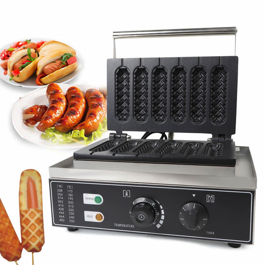 Miumaeov 1500W Commercial Corn Dog Waffle Maker Machine 6 Grids Electric Non-stick Waffle Stick Baker Stainless Steel