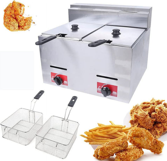 Miumaeov Commercial Countertop LPG Gas Fryer Deep Fryer 2-Basket Countertop Deep Gas Fryer Stainless Steel 6L*2 Deep Fryer for French Fries Restaurant Home Kitchen