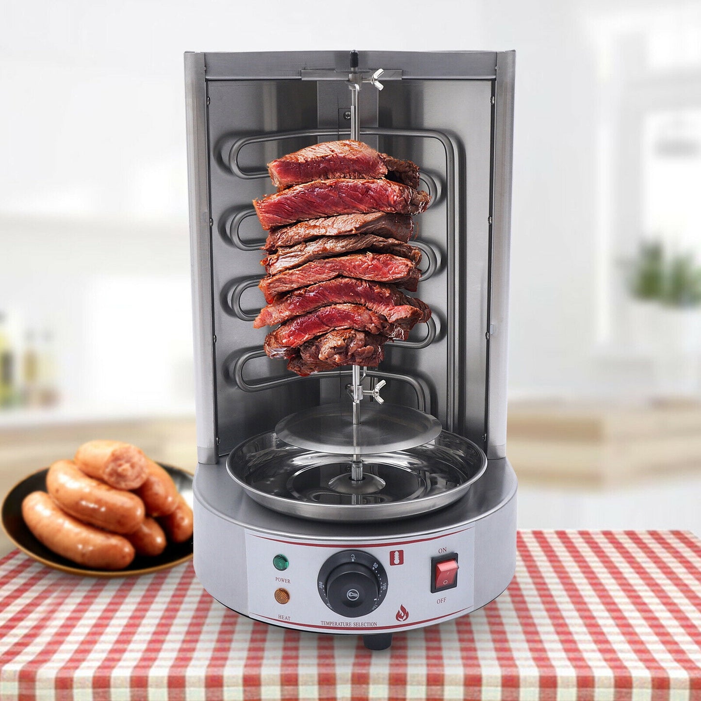 Miumaeov Electric Countertop Vertical Rotating Rotisserie Oven 3000W Commercial Shawarma Machine with 2 Heating Pipes Turkish Chicken Doner Kebob Machine with Meat Catch Pan for Restaurant Kitchen