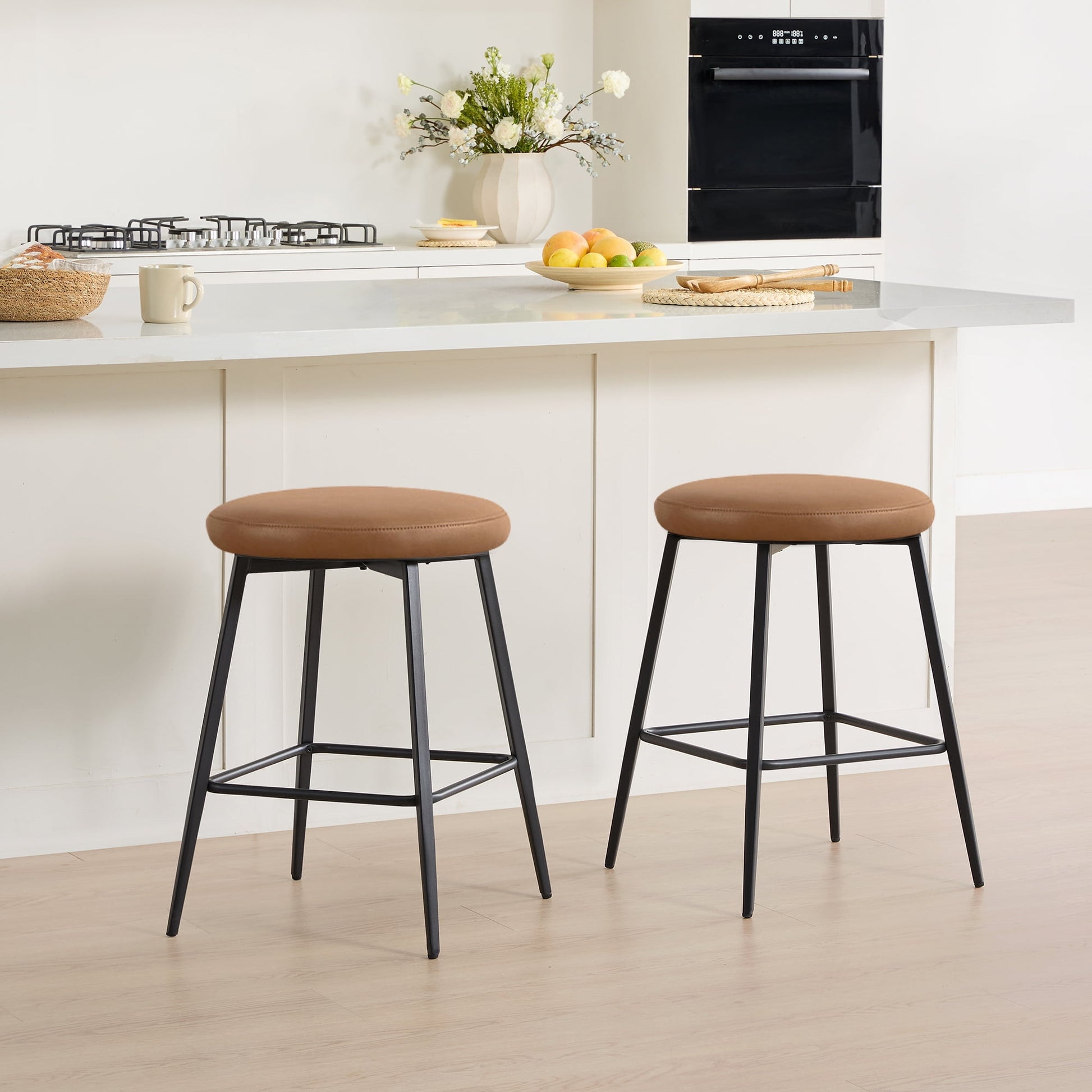 Spruce & Spring Modern 360Â° Swivel Counter Stool with Oversized Round Seat and Reinforced Metal Frame Set of 3, Brown