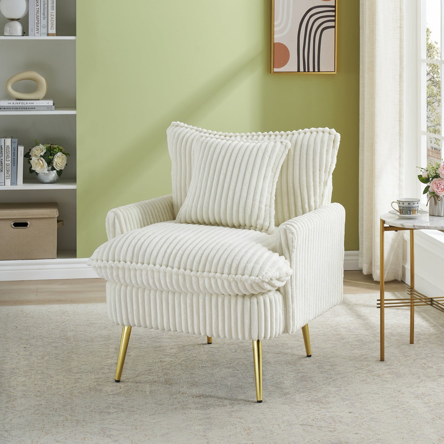 Modern Accent Chair,Armchair,Corduroy Fabric Sofa Chairs with Pillow,Upholstered Armchair for Living Room,Bedroom,Green