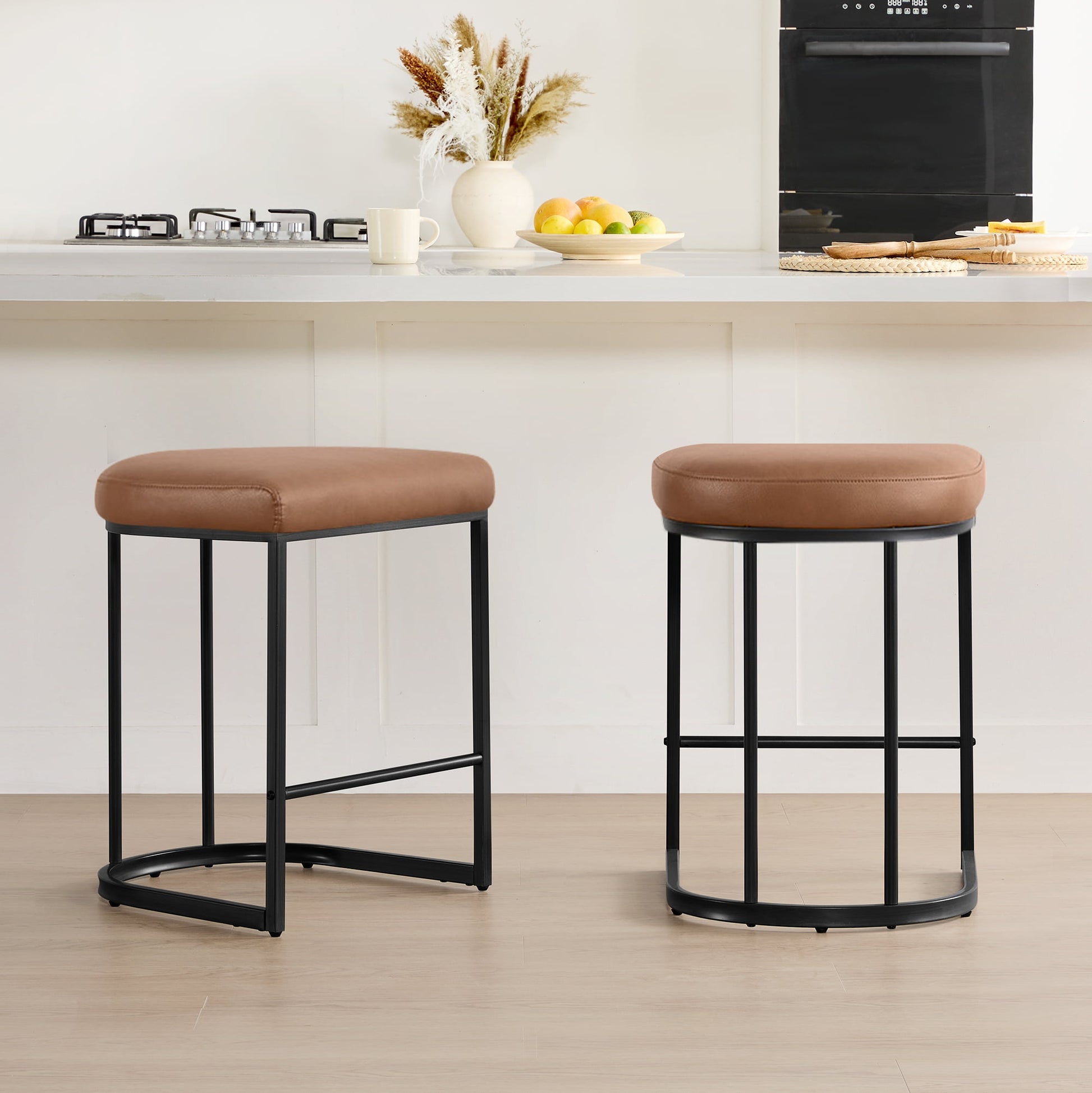 Spruce & Spring Modern Counter Bar Stool with Curved Upholstered Seat and Metal Legs for Kitchen Island or Bar Set of 2, Brown with Metal Legs