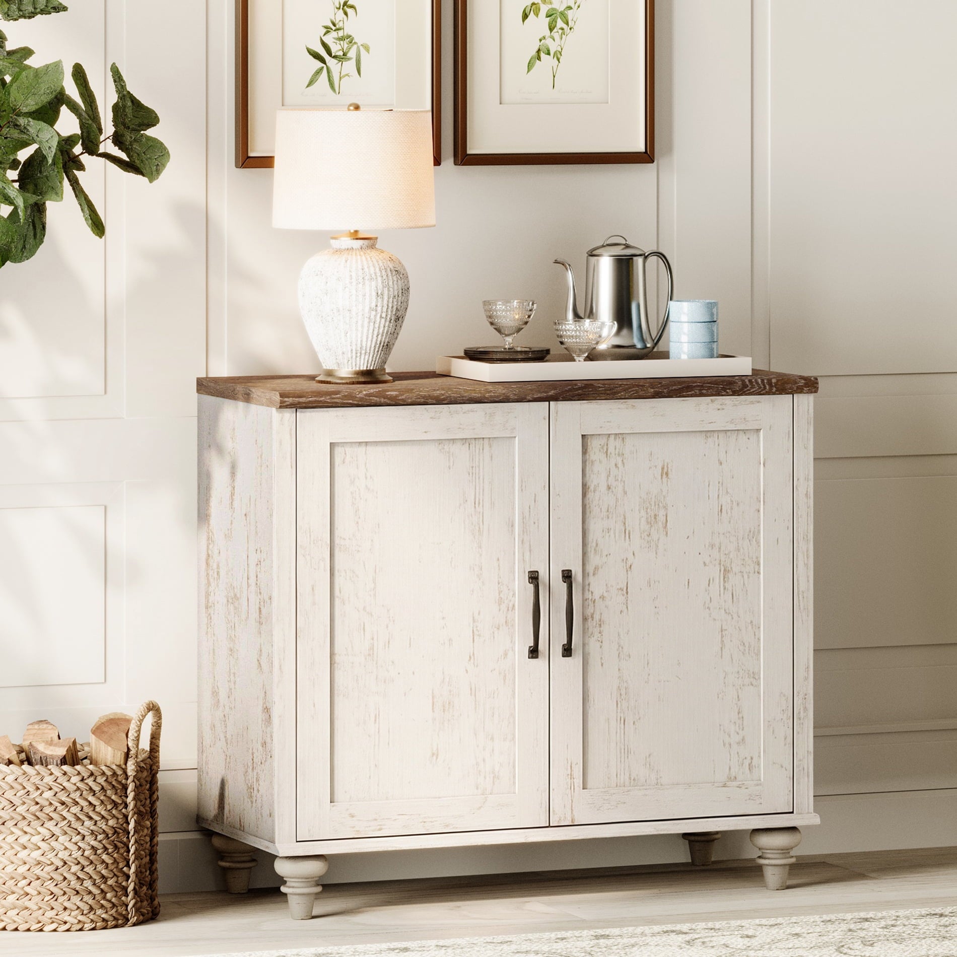 Modern Farmhouse Credenza, 34" Rustic White Storage Sideboard with Wood Doors