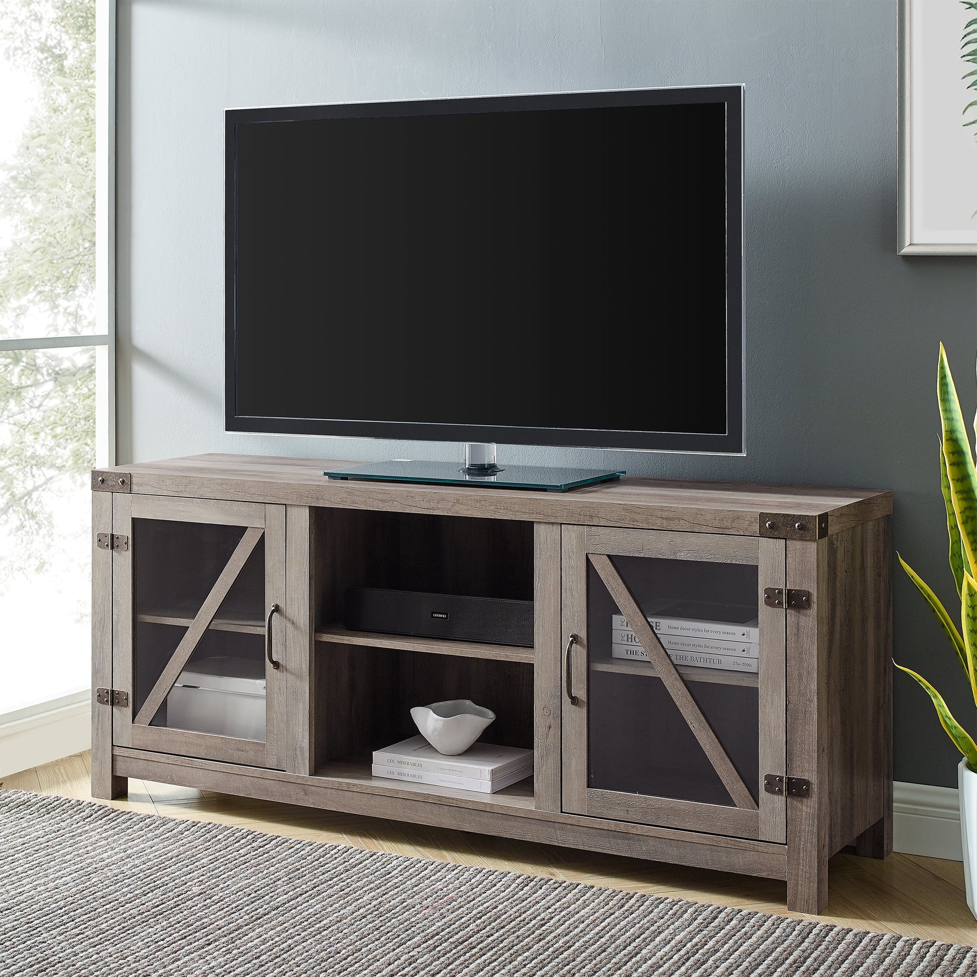 Modern Farmhouse Glass Door TV Stand for TVs up to 65", Grey Wash