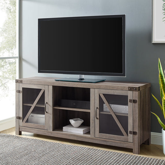Modern Farmhouse Glass Door TV Stand for TVs up to 65", Grey Wash