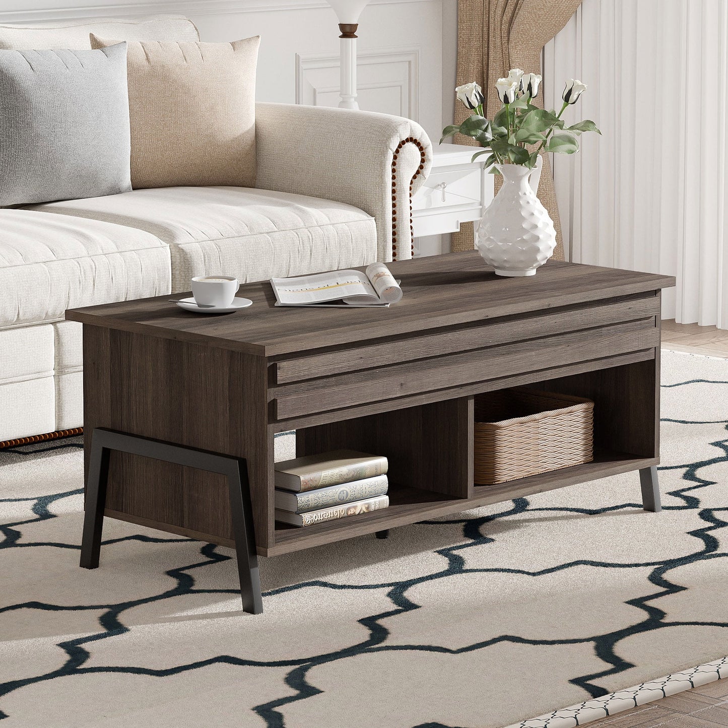 Modern Lift Top Coffee Table with Storage for Living Room, Brown Mid Century Table for Home Decor, 42"