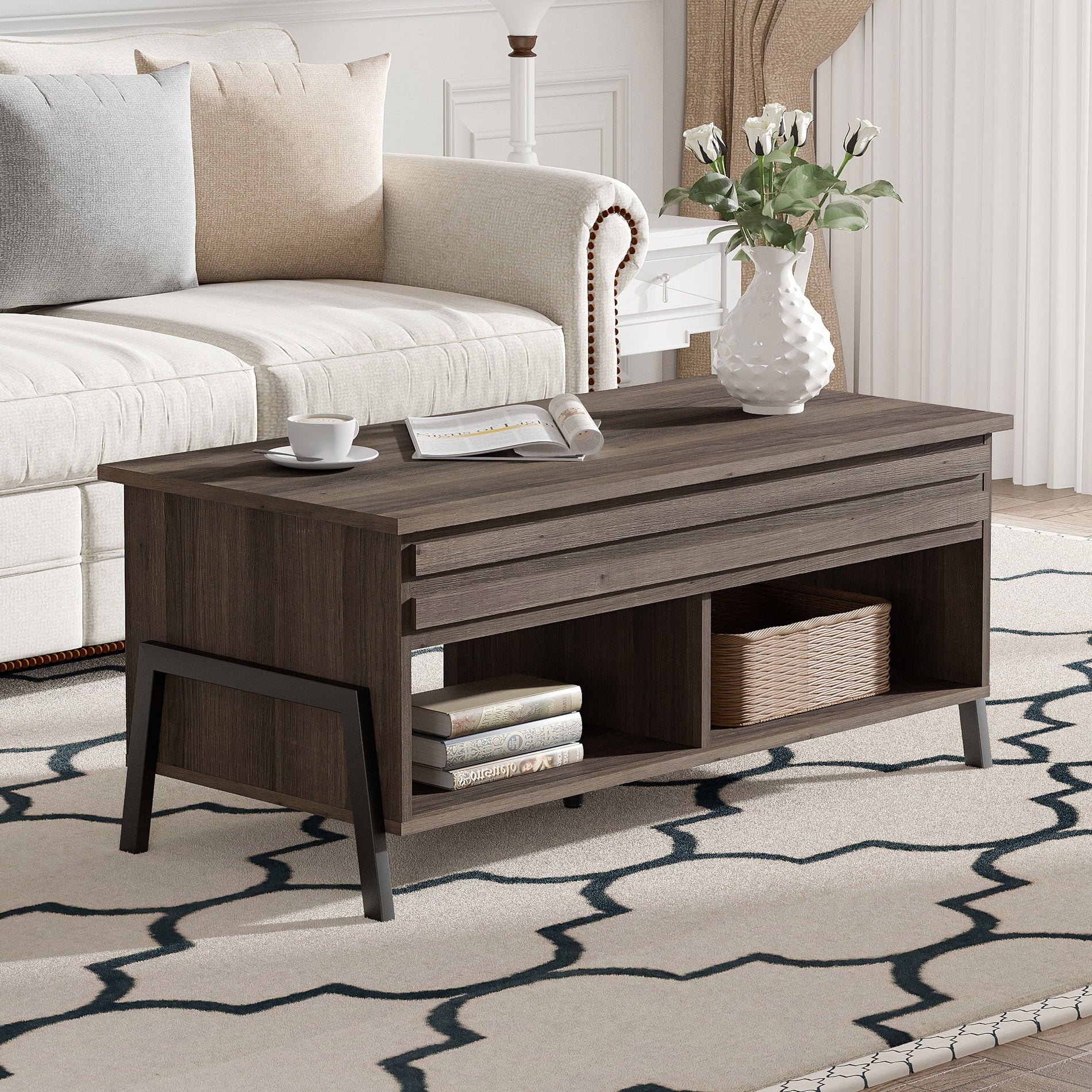 Modern Lift Top Coffee Table with Storage for Living Room, Brown Mid Century Table for Home Decor, 42"