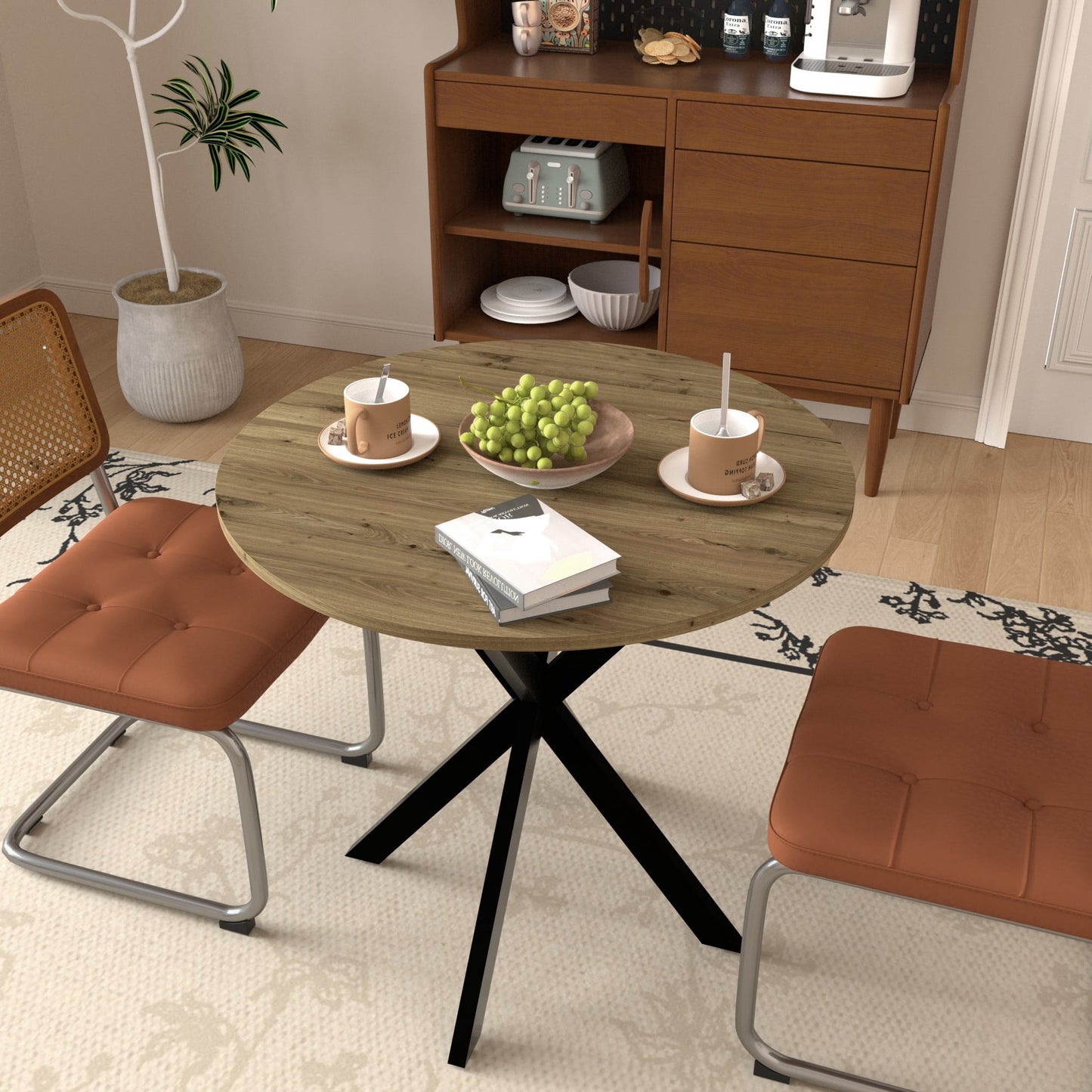 Modern Round Dining Table,31.5" Small Circle Kitchen Table with Metal Black Legs for 2-4 people,Brown