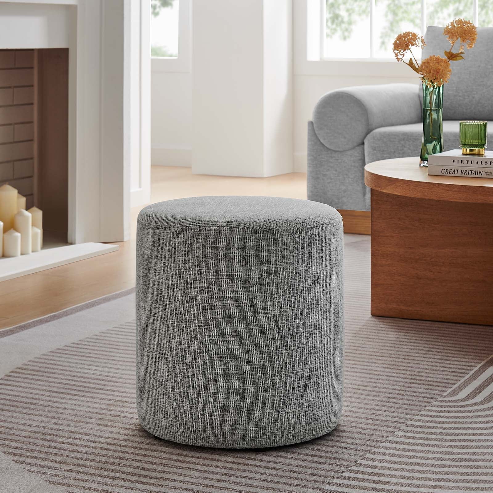 Callum 16" Round Woven Heathered Fabric Ottoman in Heathered Weave Light Gray