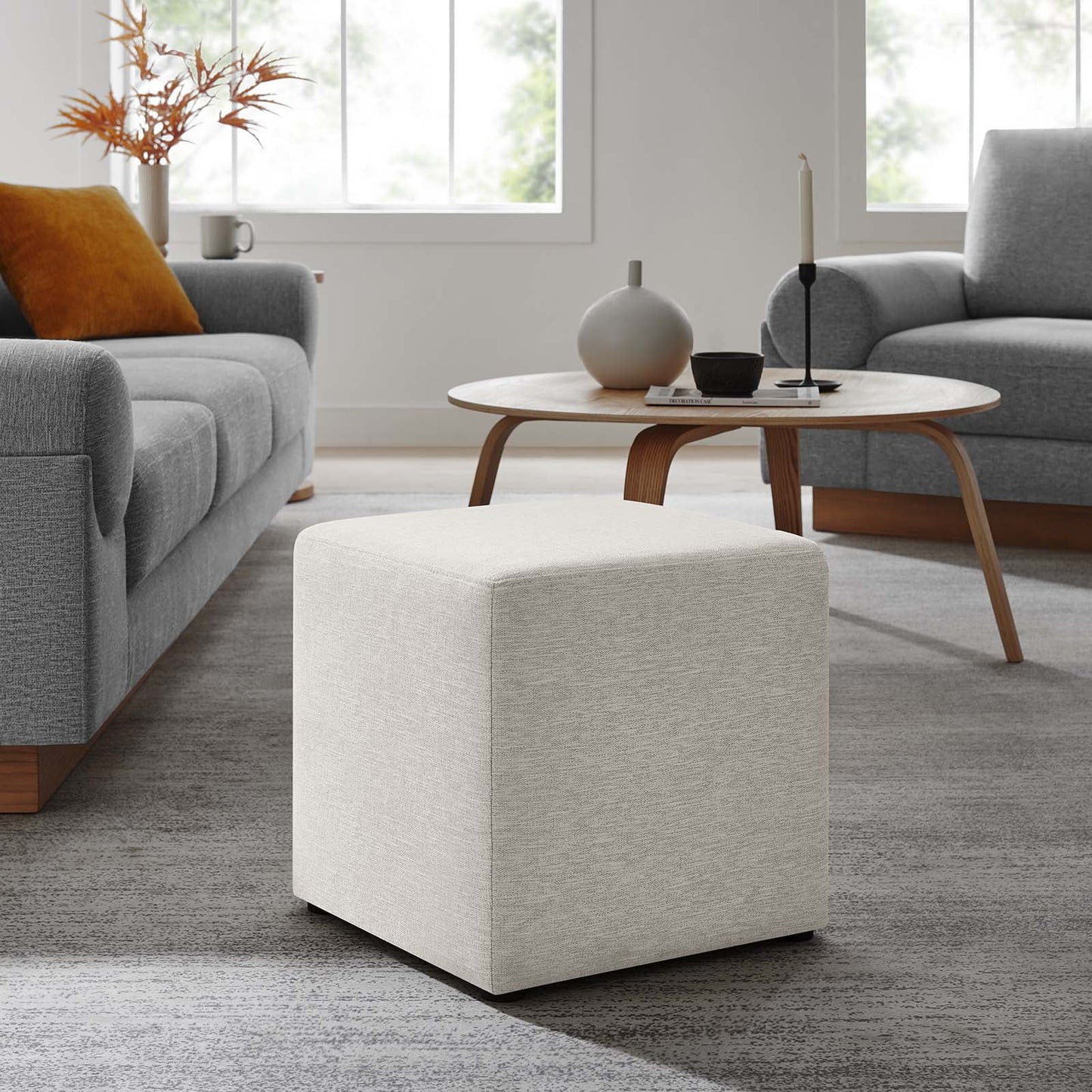 Callum 17" Square Woven Heathered Fabric Ottoman in Heathered Weave Ivory