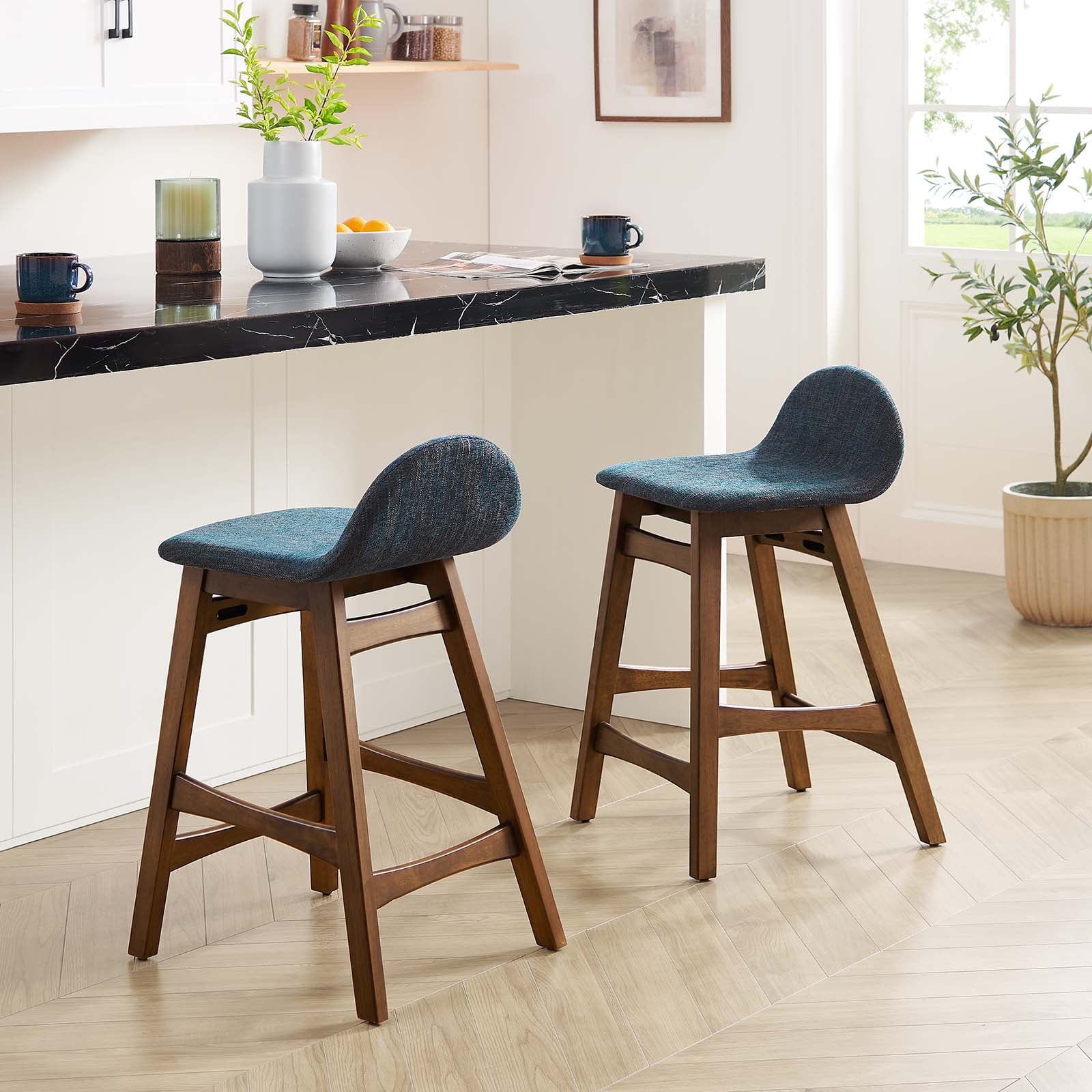 Modway Juno 24" Upholstered Fabric & Wood Counter Stool in Navy (Set of 2)