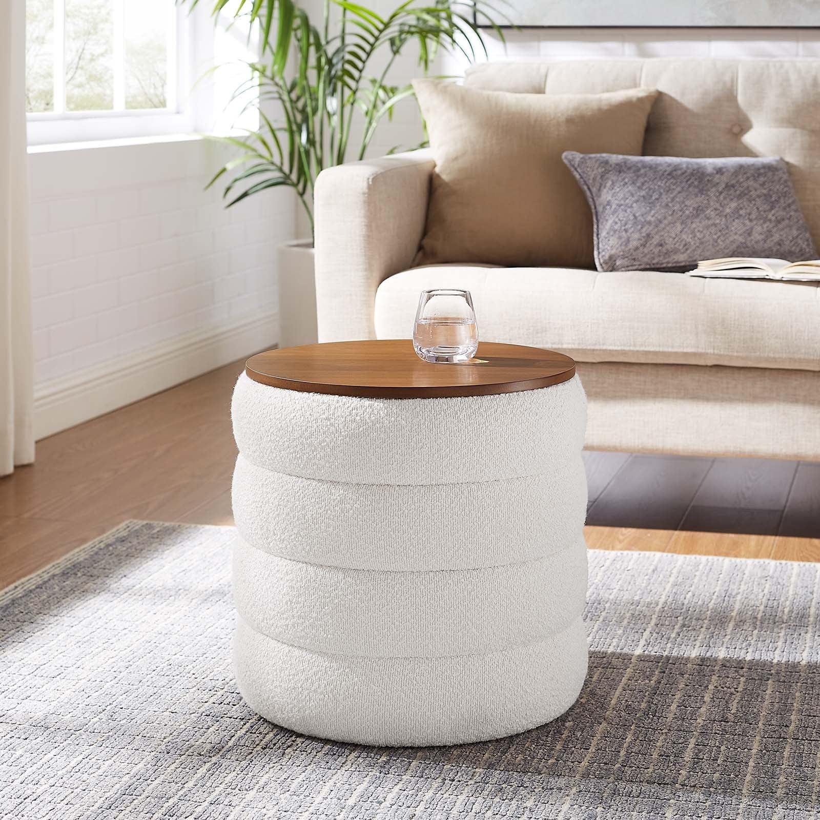 Mezzo Round Boucle Fabric Storage Ottoman in Cloud