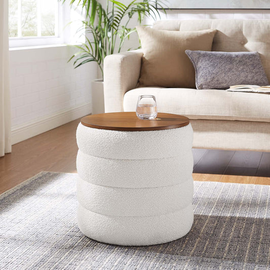 Mezzo Round Boucle Fabric Storage Ottoman in Cloud