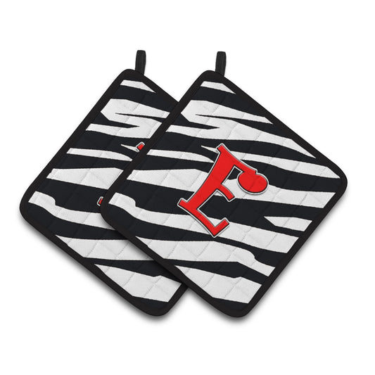 Monogram Initial E Zebra Red Pair of Pot Holders