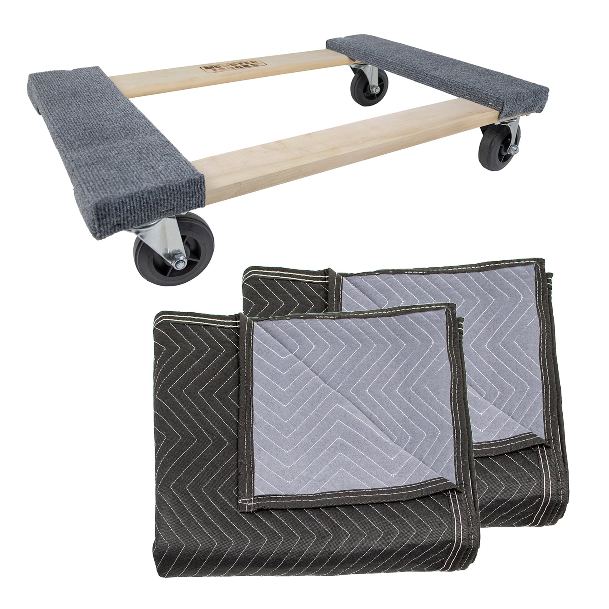 Monster Trucks MT10003 Wood 4-Wheel Dolly, Carpeted & 2 Pack MT10104 72" x 80" Economy Moving Blanket