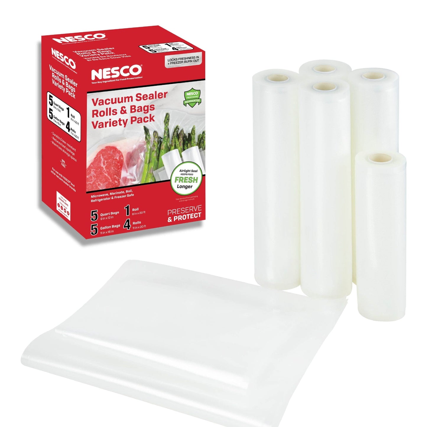 NESCOÂ® Vacuum Seal Bag and Roll Variety Pack, 5 Pre-Cut Quart, 5 Pre-Cut Gallon, and 1 Roll
