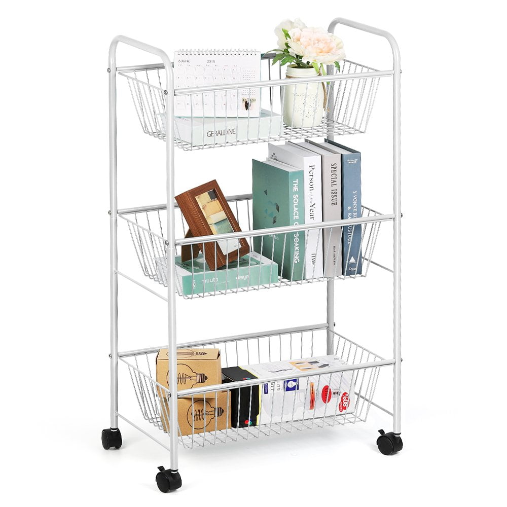 NEX 3-Tier White Rolling Basket Stand Metal Trolley Storage Cart