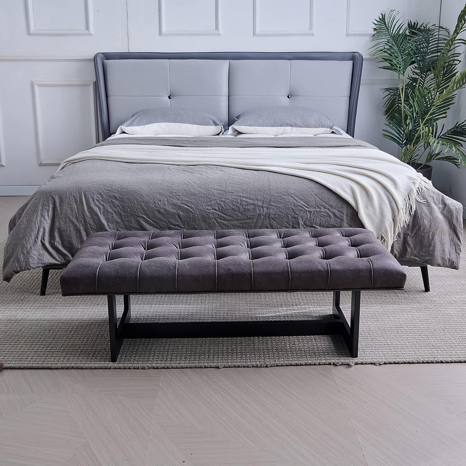 Nathaniel Home 48'' Button-Tufted Kids Ottoman, Upholstered Bedroom Benches, Leather Footrest Stool Accent Bench, for Bedroom End of Bed, Foggy Gray