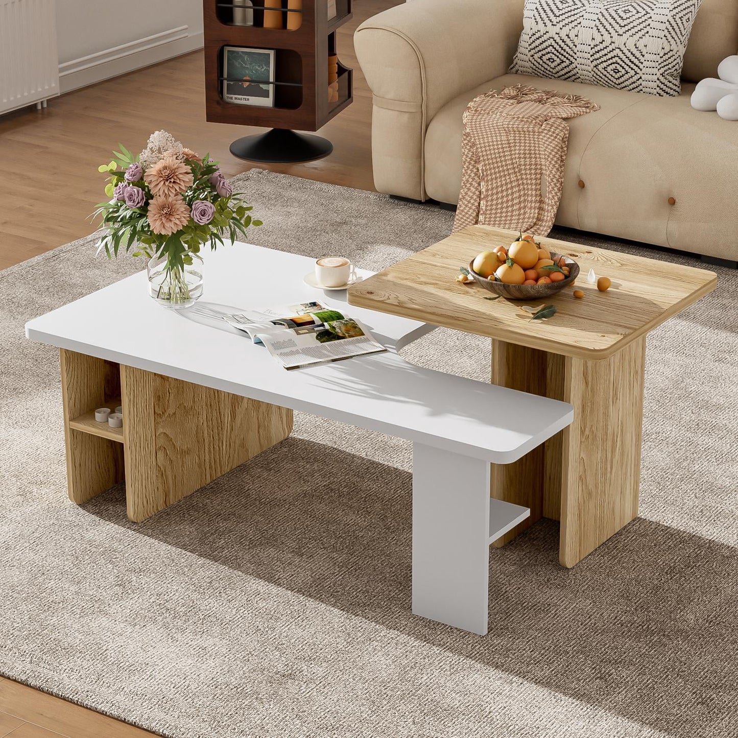 Mesas de Centro Anidadas Juego de Mesas de Centro Estilo Farmhouse Mesas Auxiliares para Sala de Estar,&nbsp;DiseÃ±o Rectangular de 2 Piezas con Chapa de Veta de Madera y Esquinas Redondeadas, para Sala de Estar y Espacios PequeÃ±os, Juego de 2 Blanco