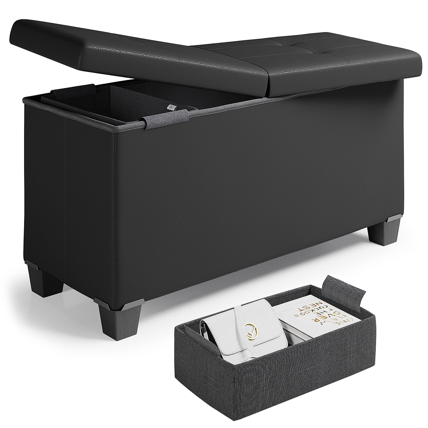 Nestl Faux Leather Ottoman Storage Bench ,30" Bench, Black
