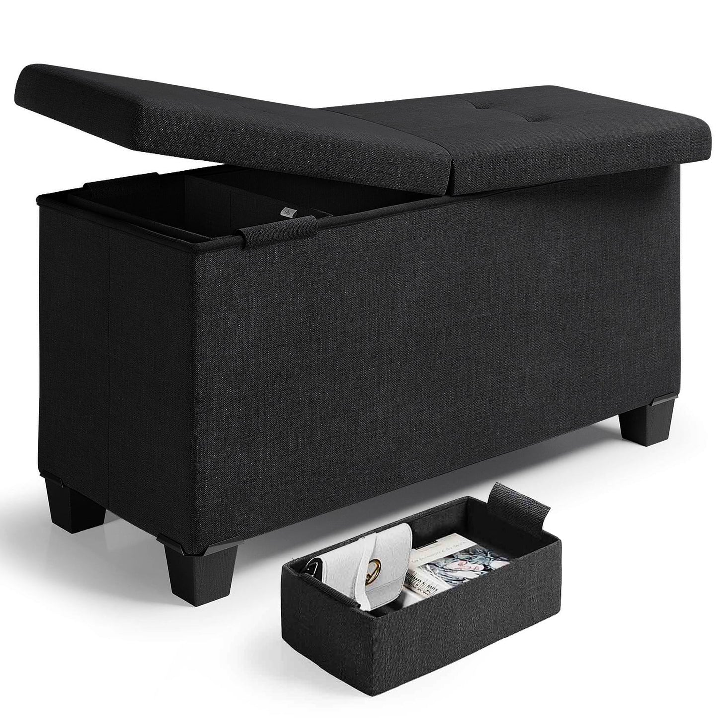 Nestl Linen Ottoman Storage Bench ,30" Bench, Black