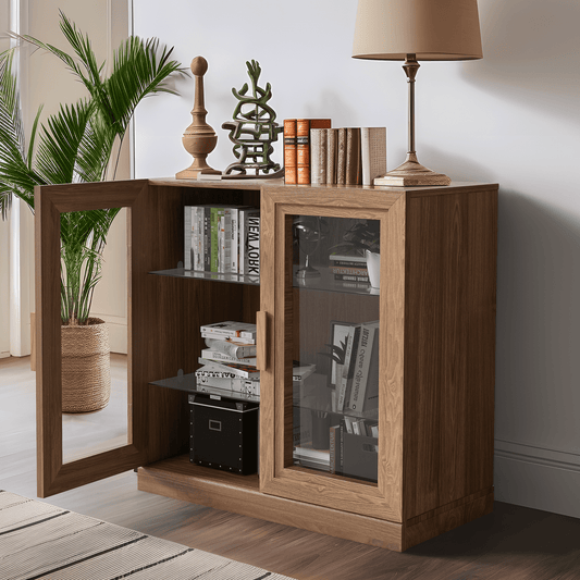 MAYEERTY 31" Wood Display Cabinet Storage Cabinet DIY Combination Cabinets with Glass Door, Natural Wood