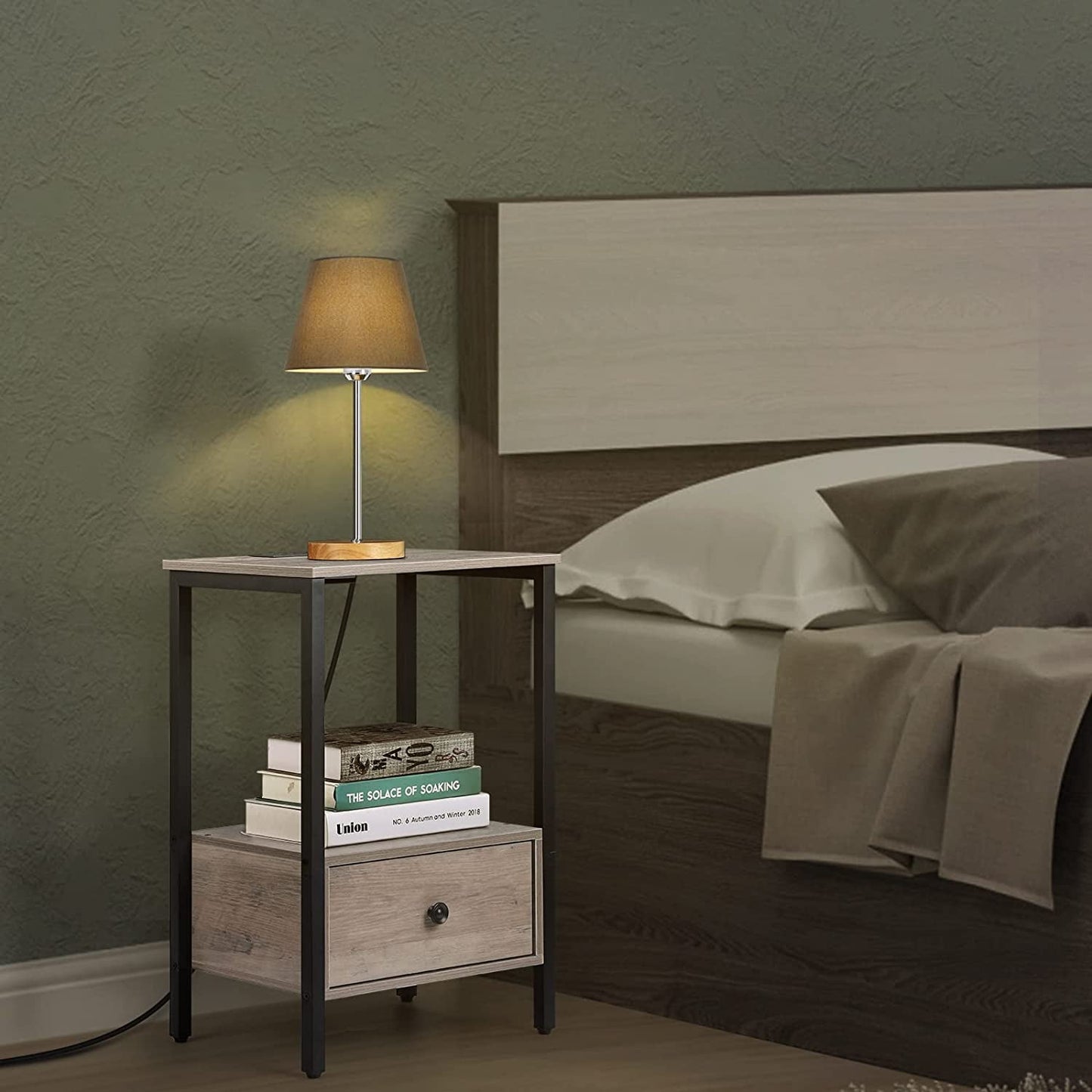 Oumilen Modern Adult Nightstand Bottom Wood Drawer with Chargers Light Oak, Set of 2