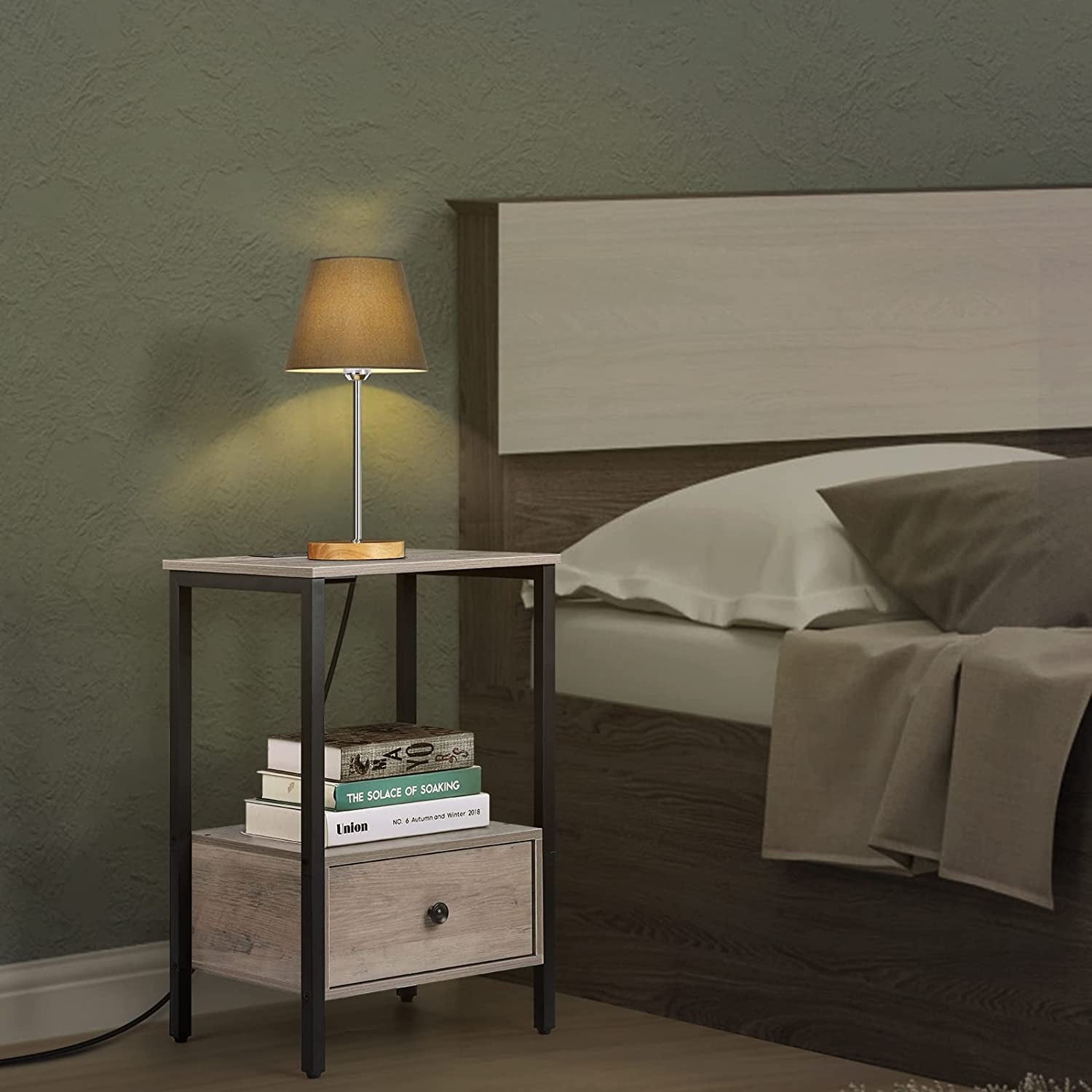 Oumilen Modern Adult Nightstand Bottom Wood Drawer with Chargers Light Oak, Set of 2