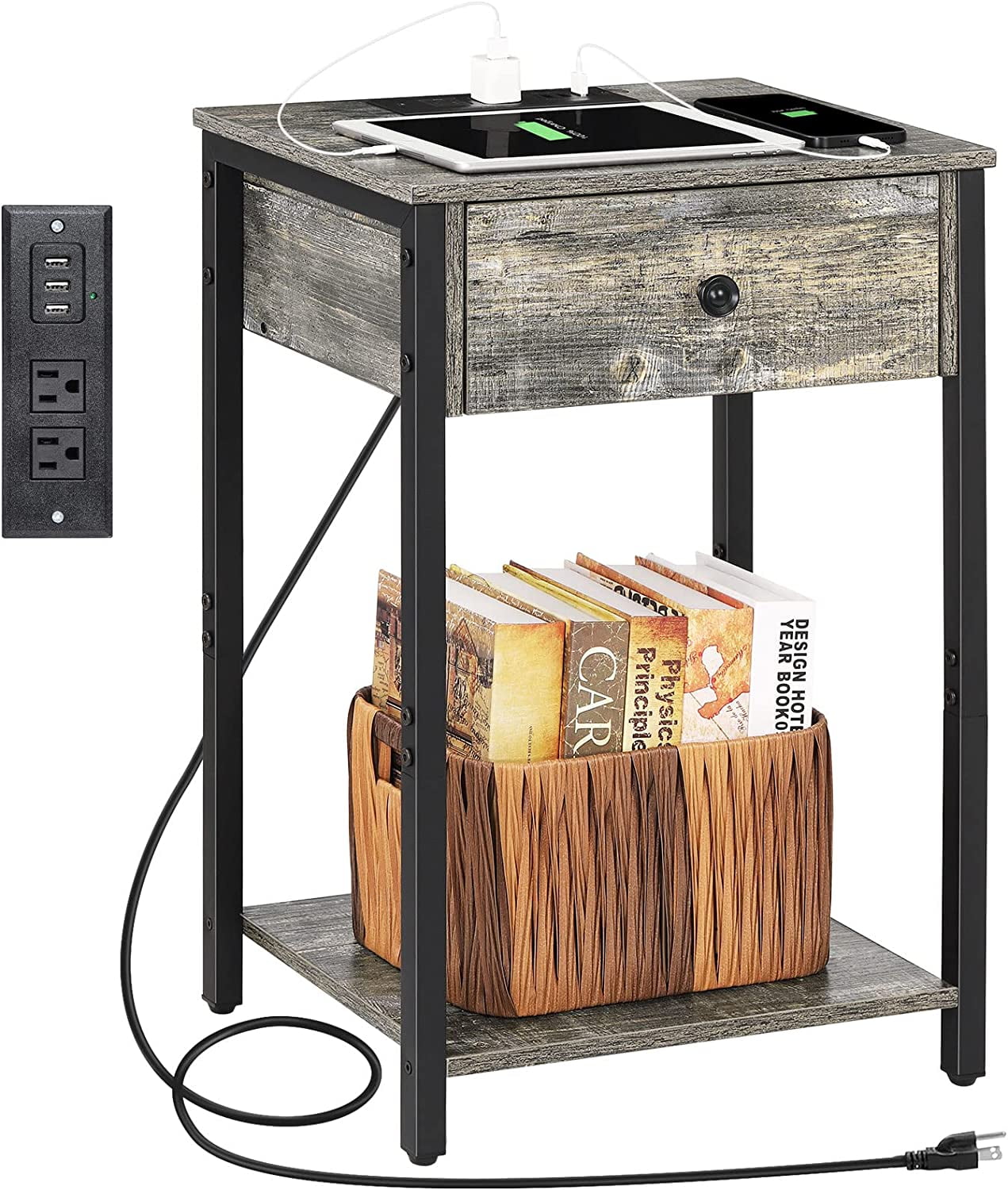 Oumilen Adult Nightstand End Table with Charging Station, USB Ports, Drawer and Storage Shelf, Gray