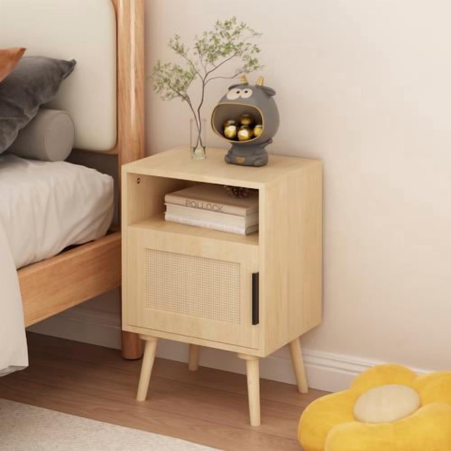 Nightstand, Side Table with Rattan Door and Open Storage Shelf, Solid Wood Legs Design for Bedroom and Dorm Small Spaces, 15.75x11.81 Inch Oak