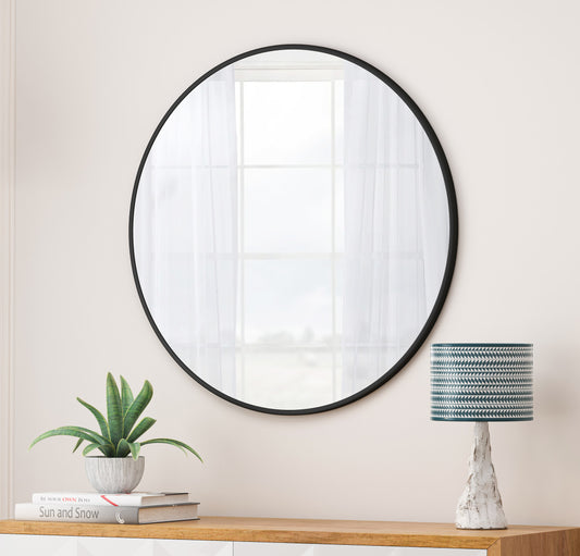 Noble House 36" Circular Wall Mirror, Metal-Framed Moisture-Resistant Vanity Mirror, for Bathroom, Wall Decor, Black