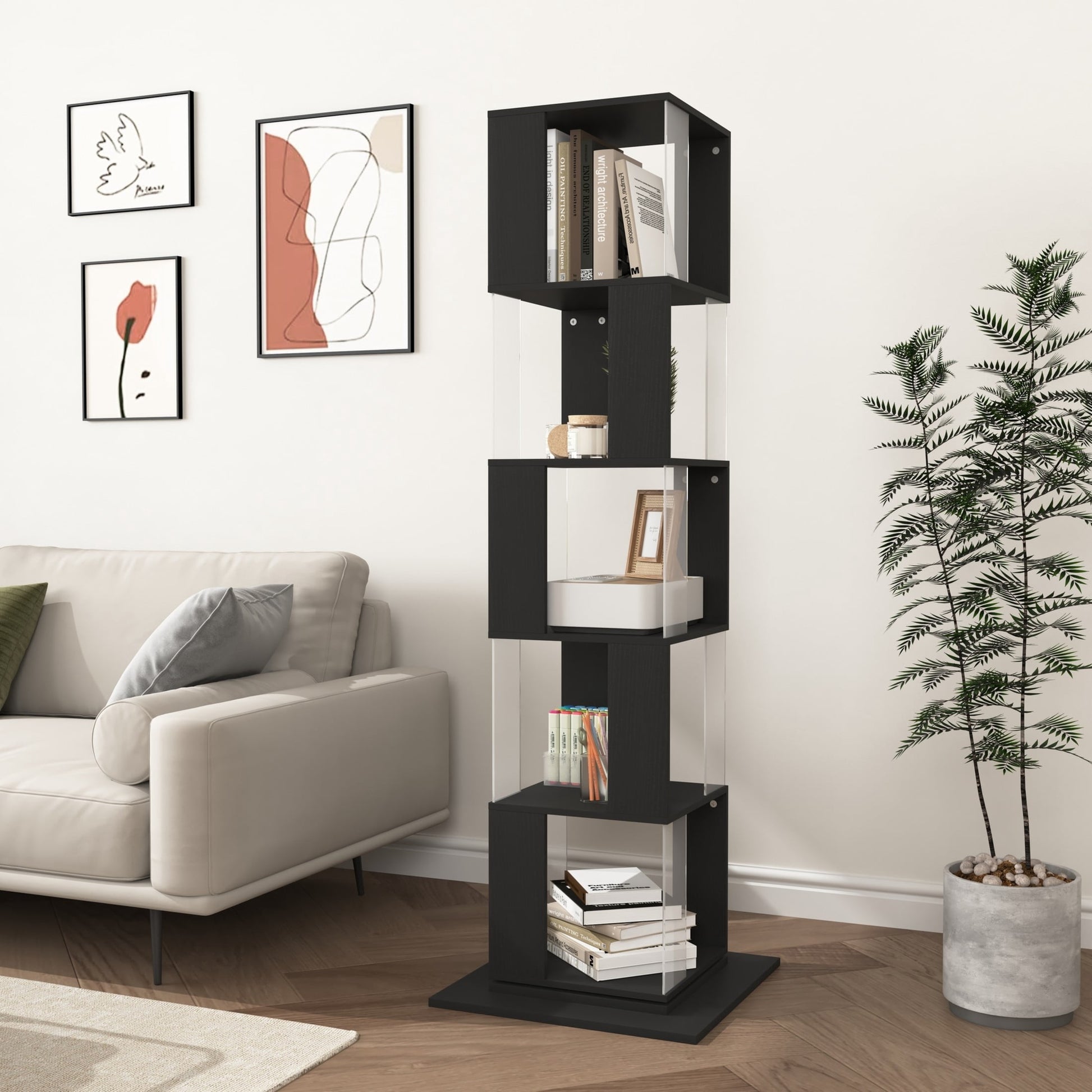 Noble House 5-Tier Rotating Bookshelf with Acrylic Panels, Anti-Toppling Base, Black